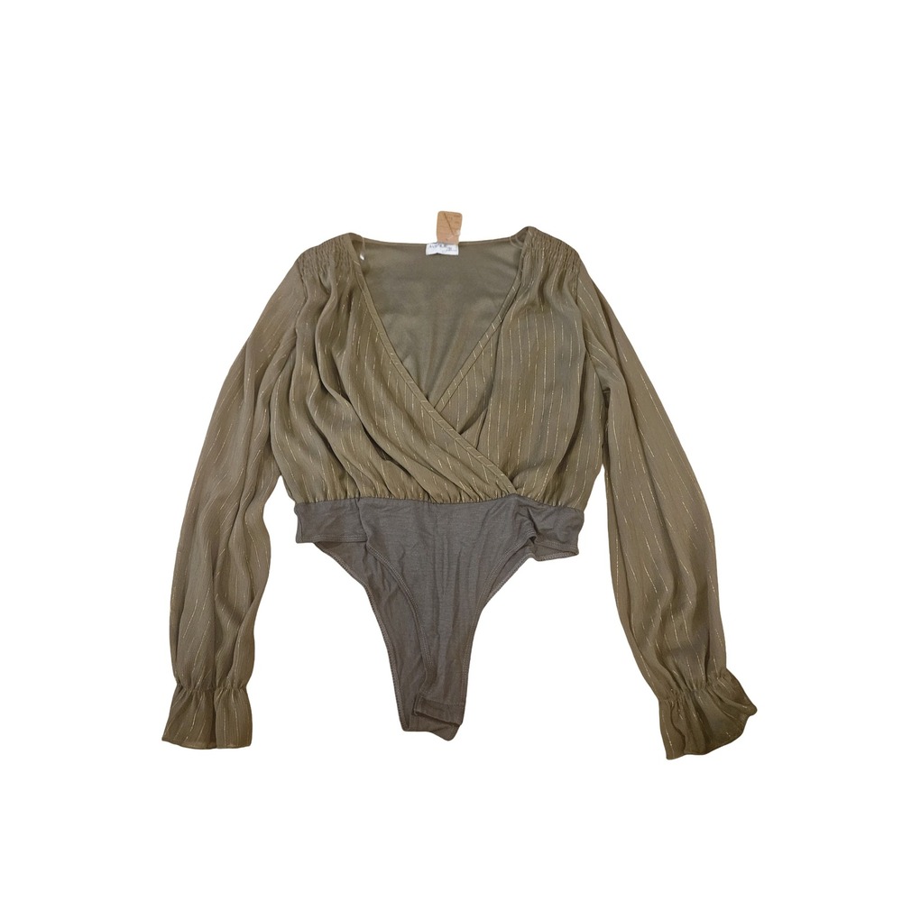 Avenue Alma NWT‎ Olive Green Gold Pinstripe Wrap Bodysuit Long Sleeve V-Neck NWT